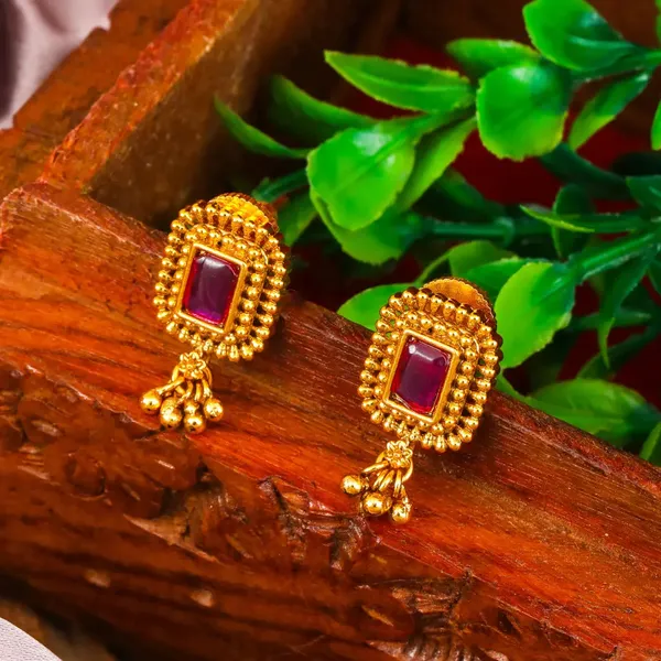 Lightweight_Minimal_Temple_Bali_Gold_Plated_Ethnic_Earrings_T_85_Red