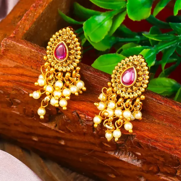 Elegant_Minimal_Temple_Bali_Earrings_Gold_Plated_Ruby_Pearl_Design_R_2153_Red