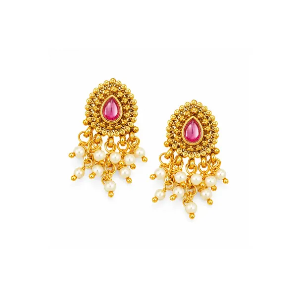 Elegant_Minimal_Temple_Bali_Earrings_Gold_Plated_Ruby_Pearl_Design_R_2153_Red
