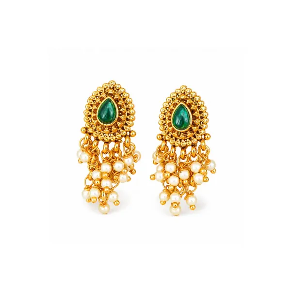 Elegant_Minimal_Temple_Bali_Earrings_Gold_Plated_Ruby_Pearl_Design_R_2153_Green