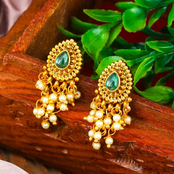 Elegant_Minimal_Temple_Bali_Earrings_Gold_Plated_Ruby_Pearl_Design_R_2153_Green