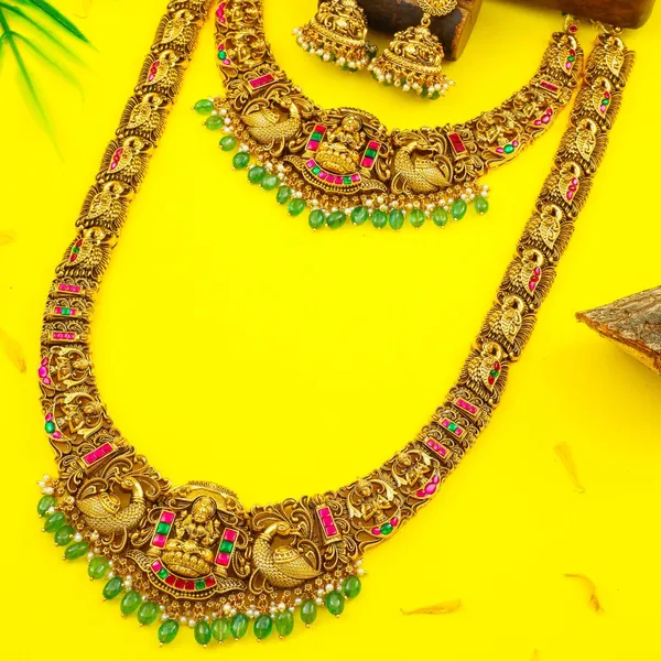 Bridal_Temple_Jewellery_Combo_Set_With_Laxmi_Design_1_Gram_Gold_J_1238n_Green