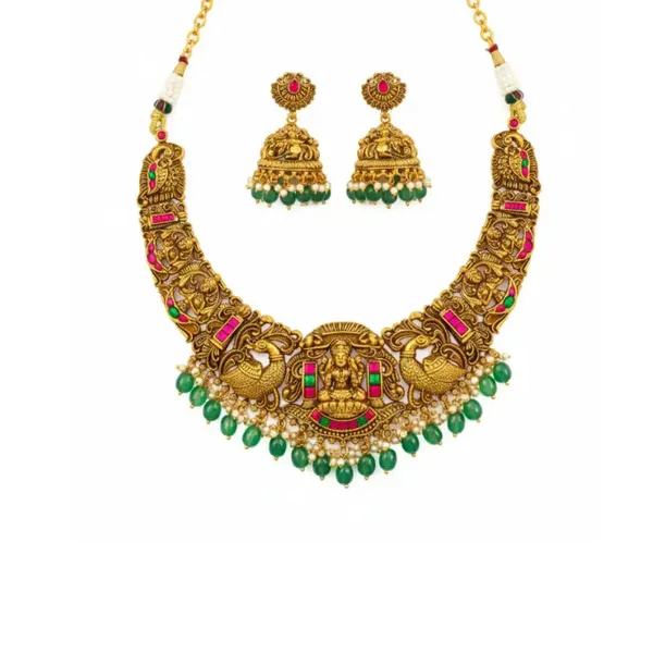 Bridal_Temple_Jewellery_Combo_Set_With_Laxmi_Design_1_Gram_Gold_J_1238n_Green