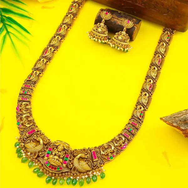 Bridal_Temple_Jewellery_Long_Necklace_Set_With_Laxmi_Design_Gold_Plated_J_1239_Green