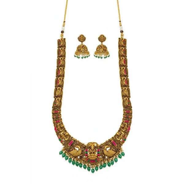 Bridal_Temple_Jewellery_Long_Necklace_Set_With_Laxmi_Design_Gold_Plated_J_1239_Green