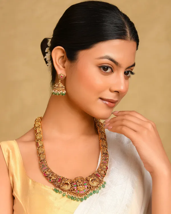 Bridal_Temple_Jewellery_Long_Necklace_Set_With_Laxmi_Design_Gold_Plated_J_1239_Green