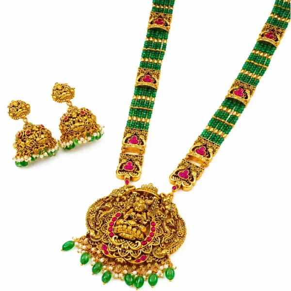 Temple_Jewellery_Pendant_Set_With_Laxmi_Design_Gold_Plated_Bridal_Style_J_1370_Red
