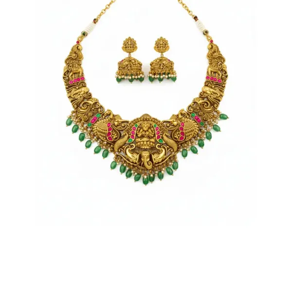 Bridal_Temple_Jewellery_Combo_Set_With_Laxmi_Design_1_Gram_Gold_J_1242n_Green