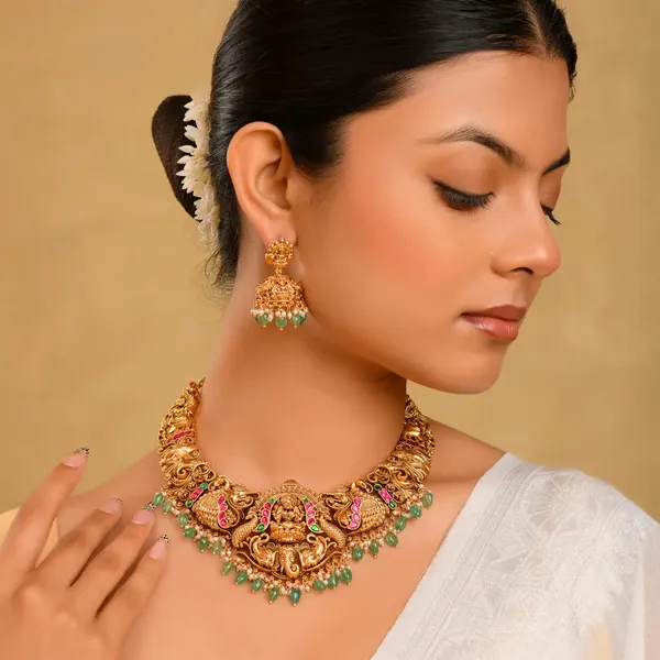 Bridal_Temple_Jewellery_Combo_Set_With_Laxmi_Design_1_Gram_Gold_J_1242n_Green
