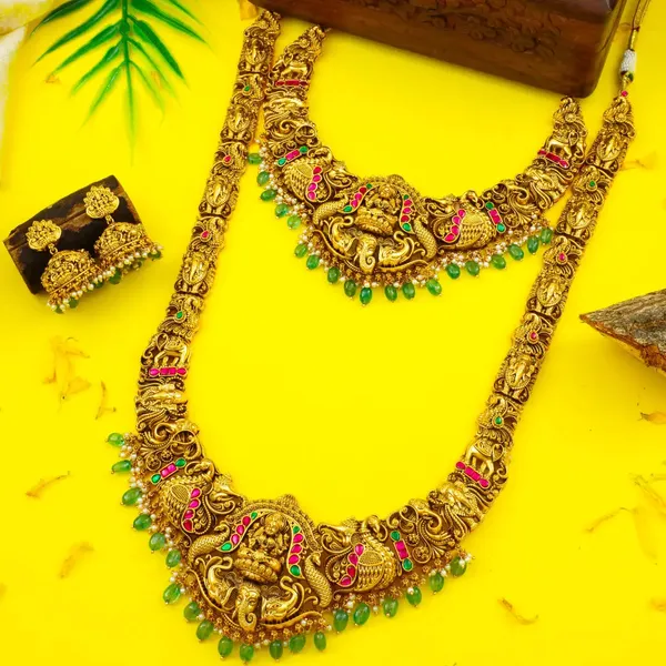 Bridal_Temple_Jewellery_Combo_Set_With_Laxmi_Design_1_Gram_Gold_J_1242n_Green