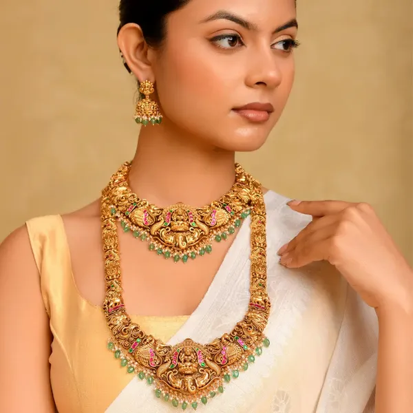 Bridal_Temple_Jewellery_Combo_Set_With_Laxmi_Design_1_Gram_Gold_J_1242n_Green