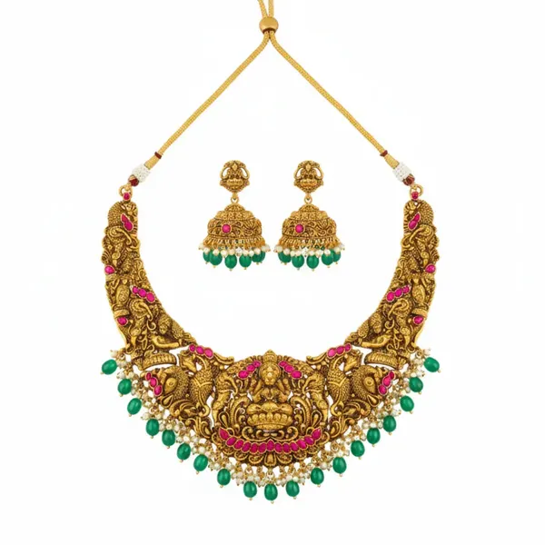 Minimal_Bridal_Temple_Jewellery_Short_Necklace_Set_Laxmi_Motif_J_1240_Red