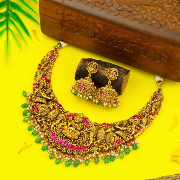 Minimal_Bridal_Temple_Jewellery_Short_Necklace_Set_Laxmi_Motif_J_1240_Red