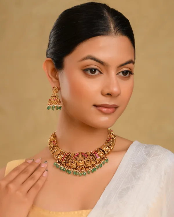 Bridal_Temple_Jewellery_Short_Necklace_Set_With_Laxmi_Design_Gold_Plated_J_1236_Red
