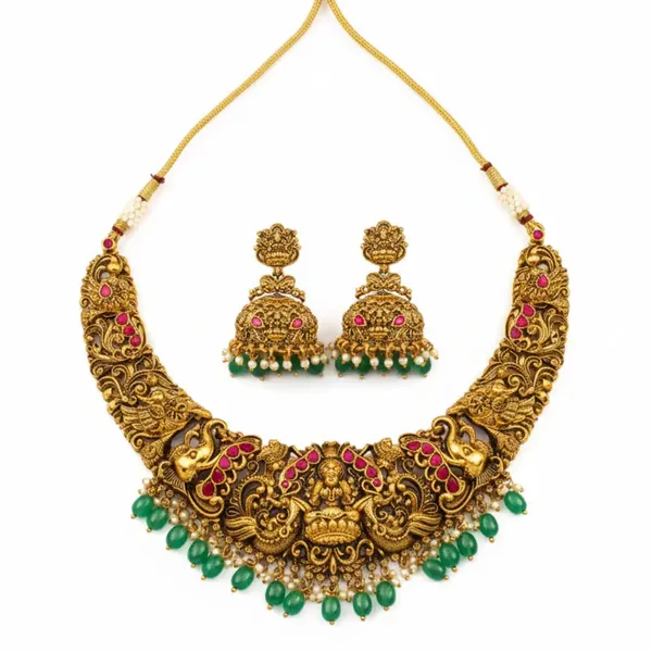 Bridal_Temple_Jewellery_Short_Necklace_Set_With_Laxmi_Design_Gold_Plated_J_1236_Red