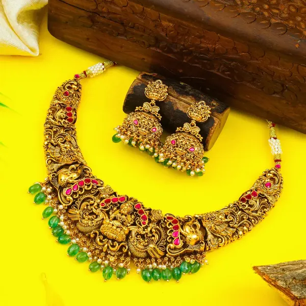 Bridal_Temple_Jewellery_Short_Necklace_Set_With_Laxmi_Design_Gold_Plated_J_1236_Red