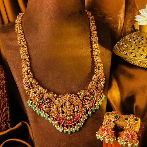 Lakshmi_Kundan_Temple_Long_Necklace_Set_J_70_Green