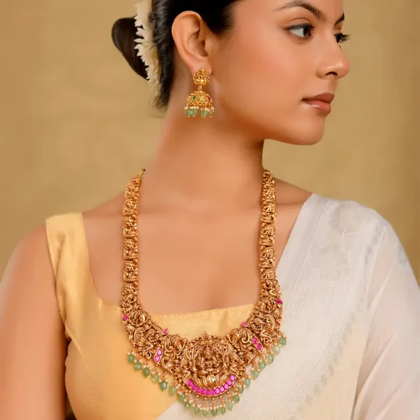 Lakshmi_Kundan_Temple_Long_Necklace_Set_J_70_Green