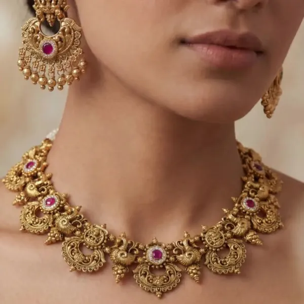 Antique_Gold_Temple_Necklace_Set_South_Indian_Bridal_J_936_Green