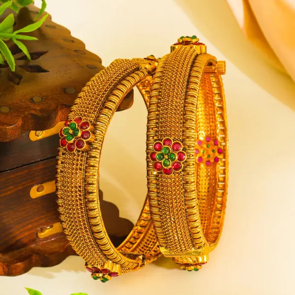 1_Gram_Gold_Bangles_Antique_Ribbed_Bangles_With_Floral_Medallion_V_2477_Green