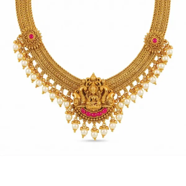 Lakshmi_Temple_Jewellery_Short_Necklace_Set_For_South_Indian_Bridal_Wear_J_944_Red
