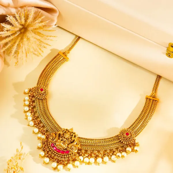Lakshmi_Temple_Jewellery_Short_Necklace_Set_For_South_Indian_Bridal_Wear_J_944_Red