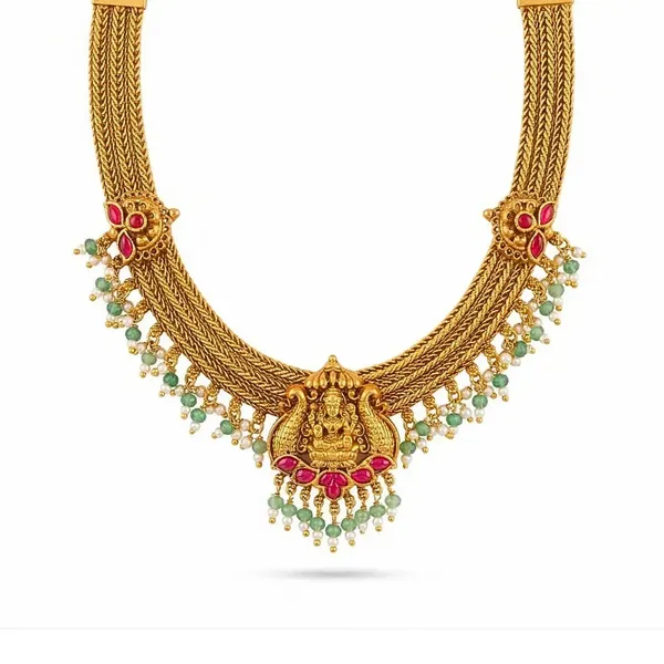 Lakshmi_South_Indian_Temple_Jewellery_Short_Necklace_Set_With_Green_Beads_J_946_Red