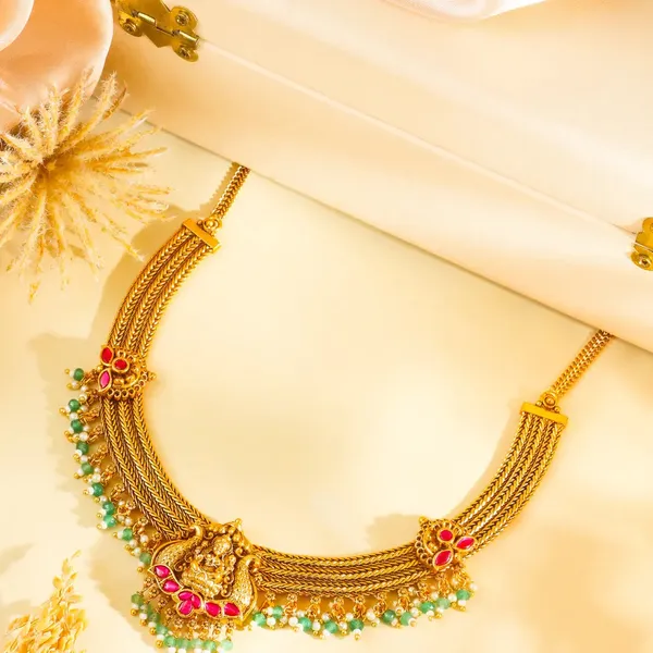 Lakshmi_South_Indian_Temple_Jewellery_Short_Necklace_Set_With_Green_Beads_J_946_Red
