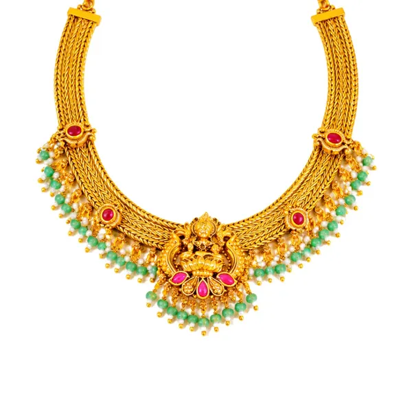 Lakshmi_Temple_Jewellery_Short_Necklace_Set_With_Green_Bead_Drops_J_945_Red