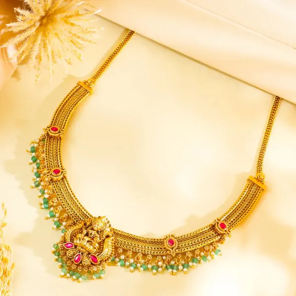 Lakshmi_Temple_Jewellery_Short_Necklace_Set_With_Green_Bead_Drops_J_945_Red