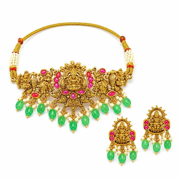 Lakshmi_Temple_Jewellery_Bridal_Choker_Set_With_Emerald_Bead_Drops_J_954_Red