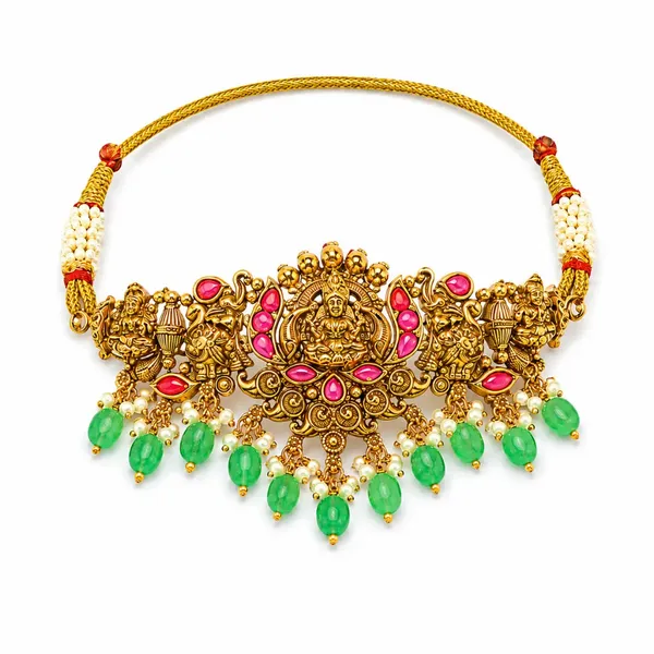 Lakshmi_Temple_Jewellery_Bridal_Choker_Set_With_Emerald_Bead_Drops_J_954_Red