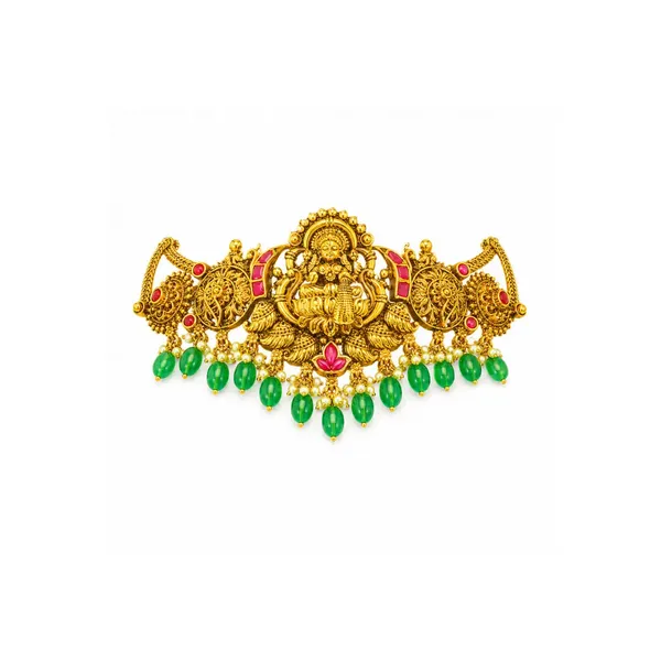 Traditional_Lakshmi_Temple_Jewellery_Bridal_Choker_Set_With_Green_Beads_J_954_Red