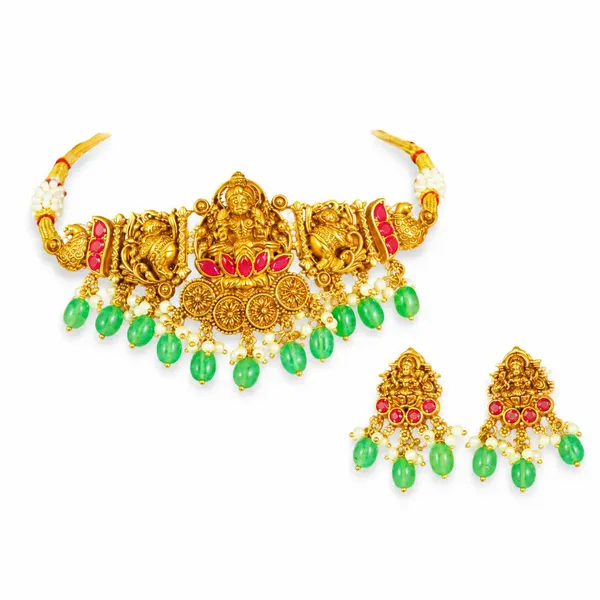 Lakshmi_Temple_Jewellery_Bridal_Choker_Set_With_Green_Stone_Drops_J_479_Red