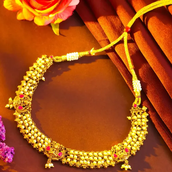 Antique_Lakshmi_Temple_Jewellery_Short_Necklace_Set_With_Pearl_Drops_Red