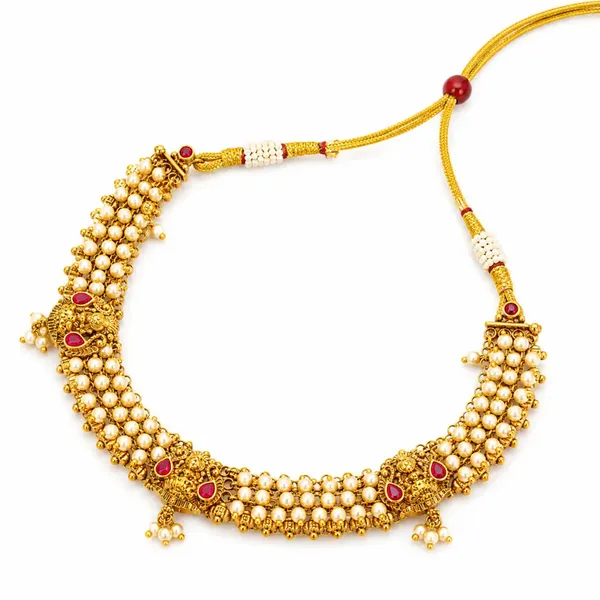 Antique_Lakshmi_Temple_Jewellery_Short_Necklace_Set_With_Pearl_Drops_Red