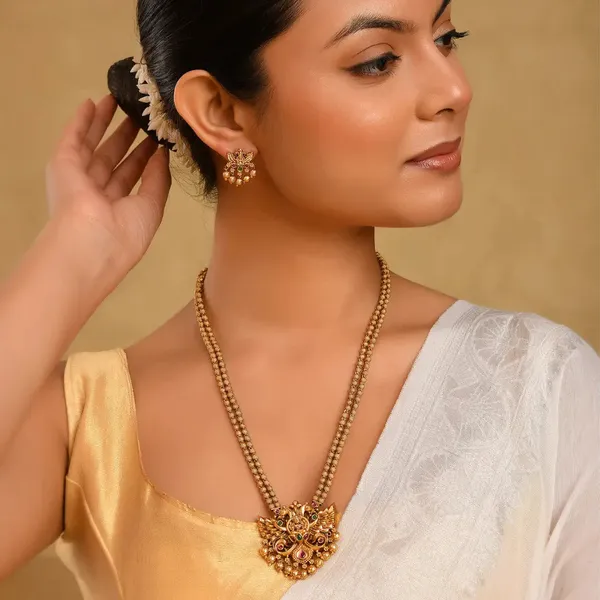 Gandaberunda_Temple_Jewellery_Pendant_Set_With_Long_Beaded_Chain_T_78_Green