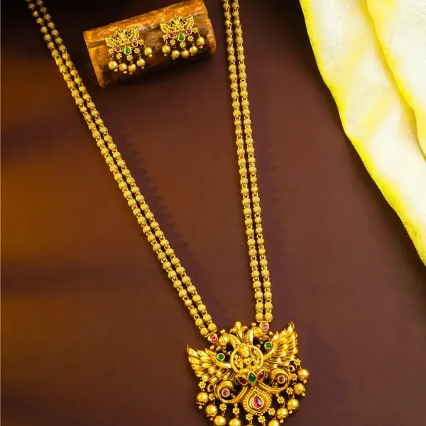 Gandaberunda_Temple_Jewellery_Pendant_Set_With_Long_Beaded_Chain_T_78_Green
