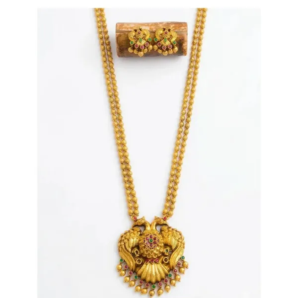 Antique_Gandaberunda_Temple_Jewellery_Pendant_Set_With_Beaded_Chain_T_79_Green