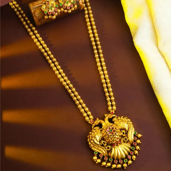 Antique_Gandaberunda_Temple_Jewellery_Pendant_Set_With_Beaded_Chain_T_79_Green