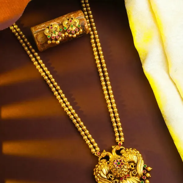 Antique_Gandaberunda_Temple_Jewellery_Pendant_Set_With_Beaded_Chain_T_79_Green
