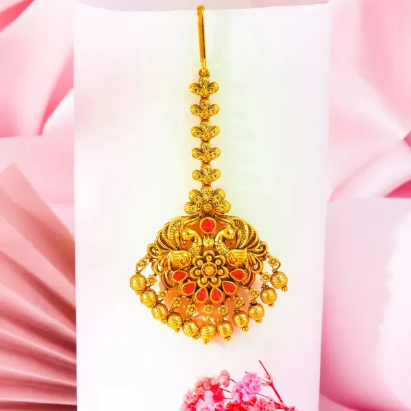 Antique_Temple_Jewellery_Maang_Tikka_With_Pearl_Drops_J_1255_Gold_Red