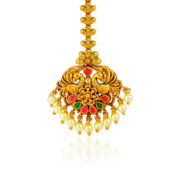 Antique_Temple_Jewellery_Maang_Tikka_With_Pearl_Drops_J_1255_Gold_Green