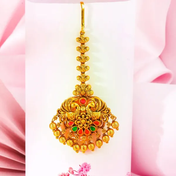 Antique_Temple_Jewellery_Maang_Tikka_With_Pearl_Drops_J_1255_Gold_Green