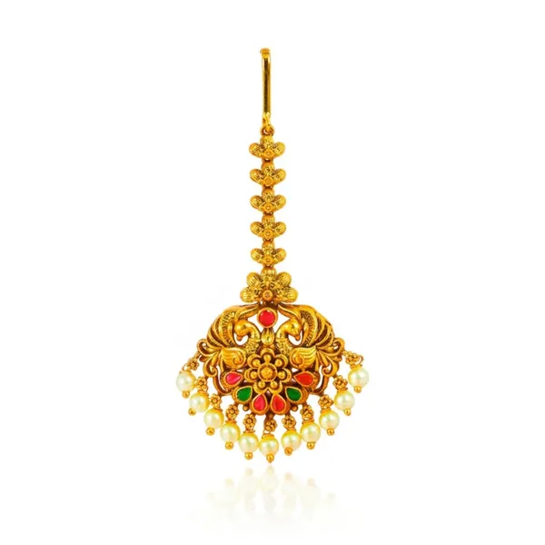 Antique_Temple_Jewellery_Maang_Tikka_With_Pearl_Drops_J_1255_Gold_Green