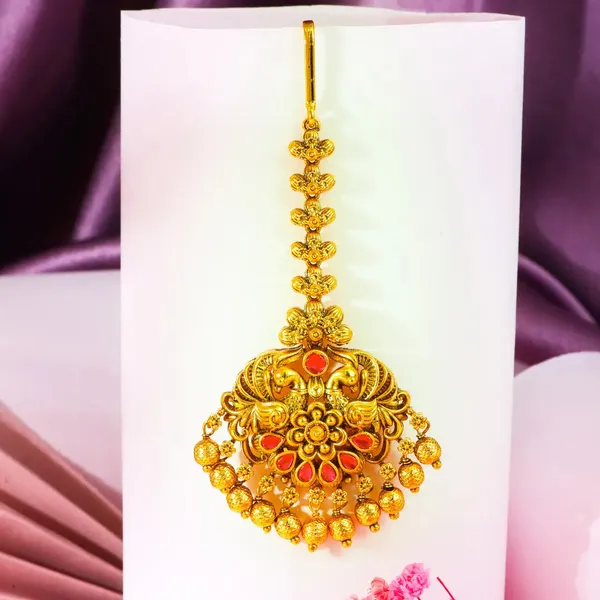 Antique_Temple_Jewellery_Maang_Tikka_With_Pearl_Drops_J_1255_Gold_Green