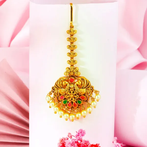 Antique_Temple_Jewellery_Maang_Tikka_With_Pearl_Drops_J_1255_Green