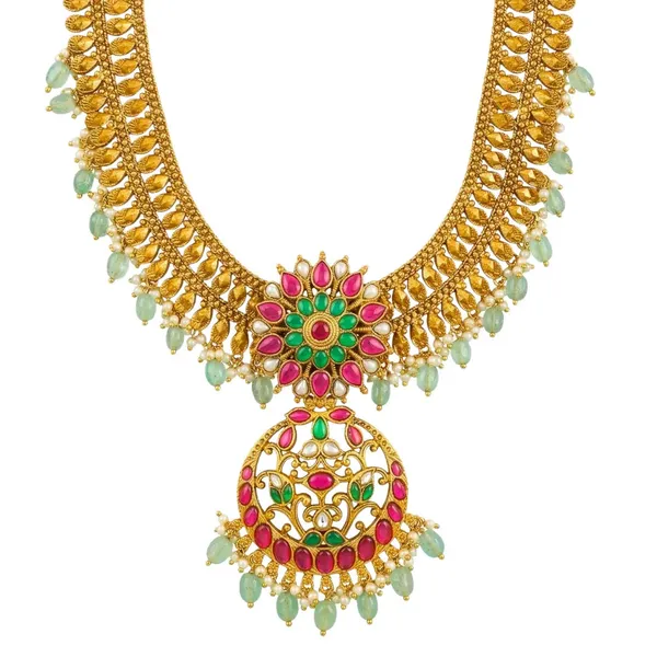 Floral_Temple_Jewellery_Short_Necklace_Set_With_Pendant_Jhumka_J_1069_Green