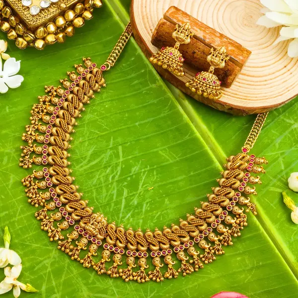 Antique_Temple_Jewellery_Short_Necklace_Set_With_Jhumka_Earrings_K_1846_Red