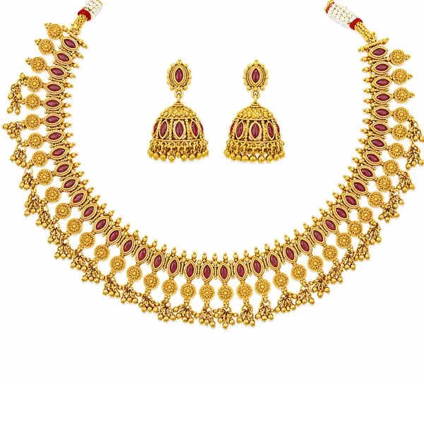 Patra_Ghungroo_Temple_Jewellery_Short_Necklace_Set_With_Bead_Drops_K_1713_Red